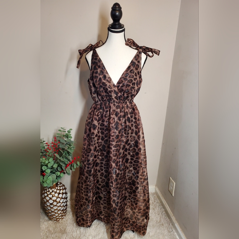 Anthropologie Daniel Rainn Organza Leopard Print V-Neck  Maxi Dress Size S - Picture 7 of 15
